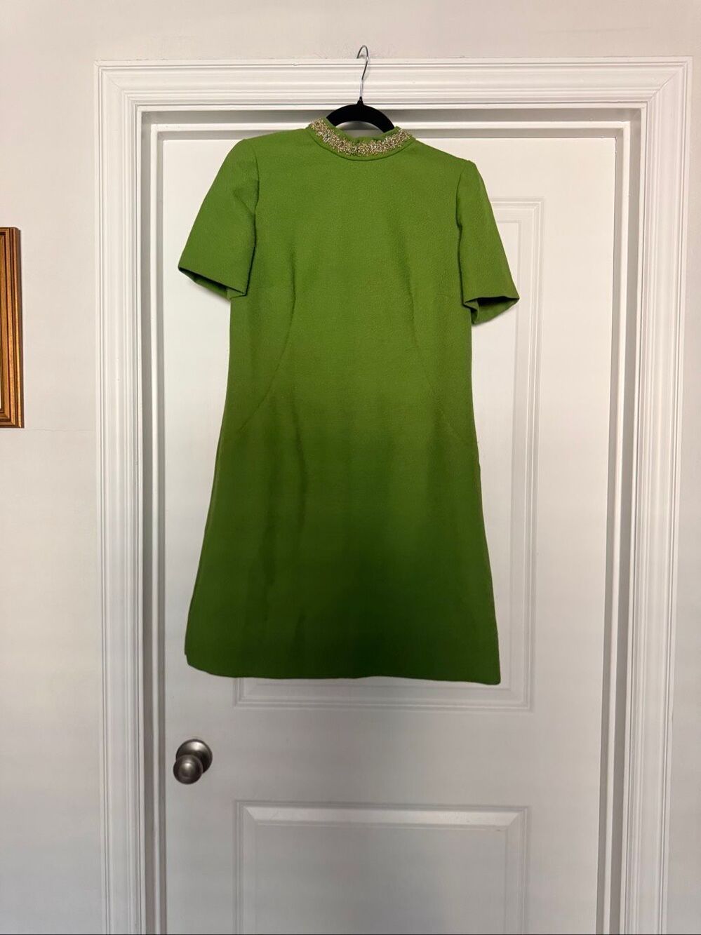 Vintage 60s Mod Green Embellished Collar Short Sleeve Shift Dress Womens Small